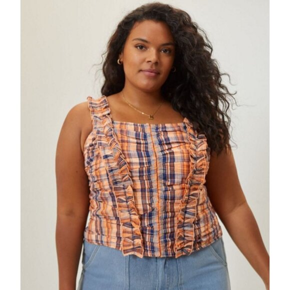 Anthropologie Tops - Anthropologie Verb Ruffled Plaid Top 2X Orange Navy Smocked Cotton Blouse